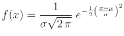 $\displaystyle f(x) =
\frac{1}{\sigma \sqrt{2\,\pi}}\; e^{-\frac{1}{2}\left(\frac{x-\mu}{\sigma}\right)^2}
$