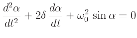 $\displaystyle \frac{d^2\alpha}{d t^2} + 2\delta\, \frac{d \alpha}{d t}+\omega_0^2\,\sin\alpha = 0$