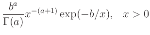 $\displaystyle \frac{b^a}{\Gamma(a)}x^{-(a+1)}\exp(-b/x),\hspace{3mm}x>0$