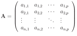 $\displaystyle \bm{A}=\left( \begin{array}{llll}
a_{1,1} & a_{1,2} & \cdots & a...
...ots & \vdots \\
a_{n,1} & a_{n,2} & \cdots & a_{n,p}\\
\end{array} \right)
$