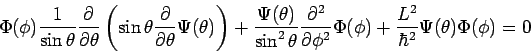 \begin{displaymath}
\Phi (\phi )\frac{1}{\sin \theta }\frac{\partial }{\partial ...
...\Phi (\phi )+\frac{L^{2}}{\hbar^2}\Psi (\theta )\Phi (\phi )=0
\end{displaymath}