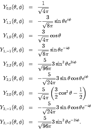 \begin{eqnarray*}
Y_{0,0}(\theta, \phi) & = & \displaystyle \frac{1}{\sqrt{4\pi}...
...isplaystyle \frac{5}{\sqrt{96\pi}}
3\sin^2 \theta e^{-2i \phi}.
\end{eqnarray*}