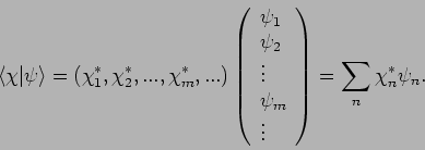 \begin{displaymath}
\left\langle \chi \vert\psi \right\rangle =(\chi _{1}^{*},\c...
...\
\vdots
\end{array}\right) =\sum_{n}\chi _{n}^{*}\psi _{n}.
\end{displaymath}