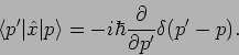 \begin{displaymath}
\left\langle p^{\prime }\vert\hat{x}\vert p\right\rangle =-i...
...frac{\partial }{%
\partial p^{\prime }}\delta (p^{\prime }-p).
\end{displaymath}