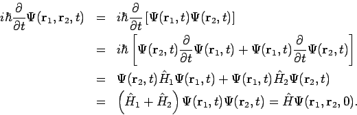 \begin{eqnarray*}
i\hbar \frac{\partial }{\partial t}\Psi (\mathbf{r}_{1},\mathb...
...\mathbf{r}_{2},t)=\hat{H}\Psi (\mathbf{r}_{1},\mathbf{r}_{2},0).
\end{eqnarray*}