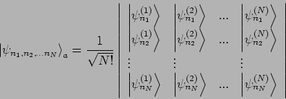 \begin{displaymath}
\left\vert \psi _{n_{1},n_{2},...n_{N}}\right\rangle _{a}=\f...
...vert \psi _{n_{N}}^{(N)}\right\rangle
\end{array}\right\vert
\end{displaymath}