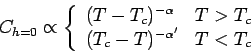 \begin{displaymath}
C_{h=0} \propto \left\{
\begin{array}{ll}
(T-T_c)^{-\alpha} & T > T_c \\
(T_c-T)^{-\alpha'} & T <T_c
\end{array}\right.
\end{displaymath}